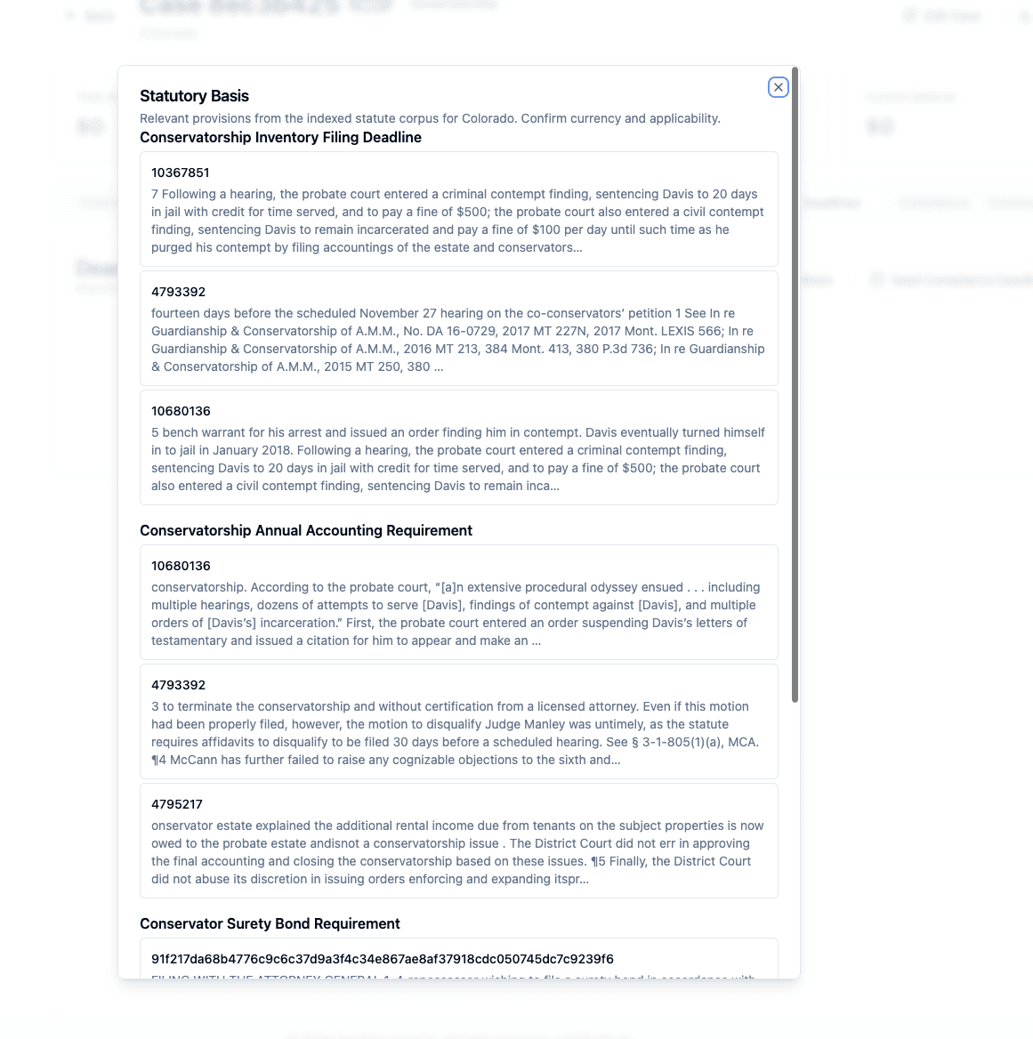 Sapphire Legal Statutory Basis view — deadline table with statute citations per deadline